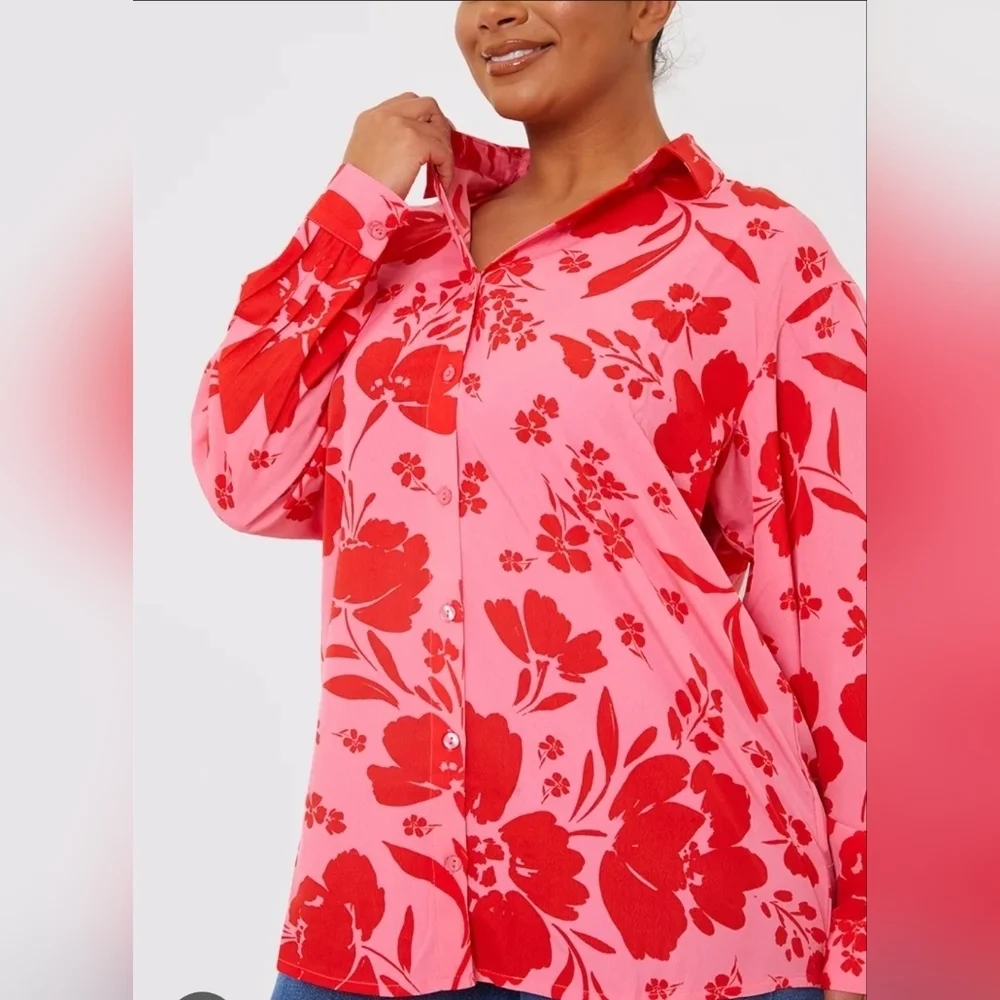 Floral Pink and Red Button-Up Shirt Victory Secret